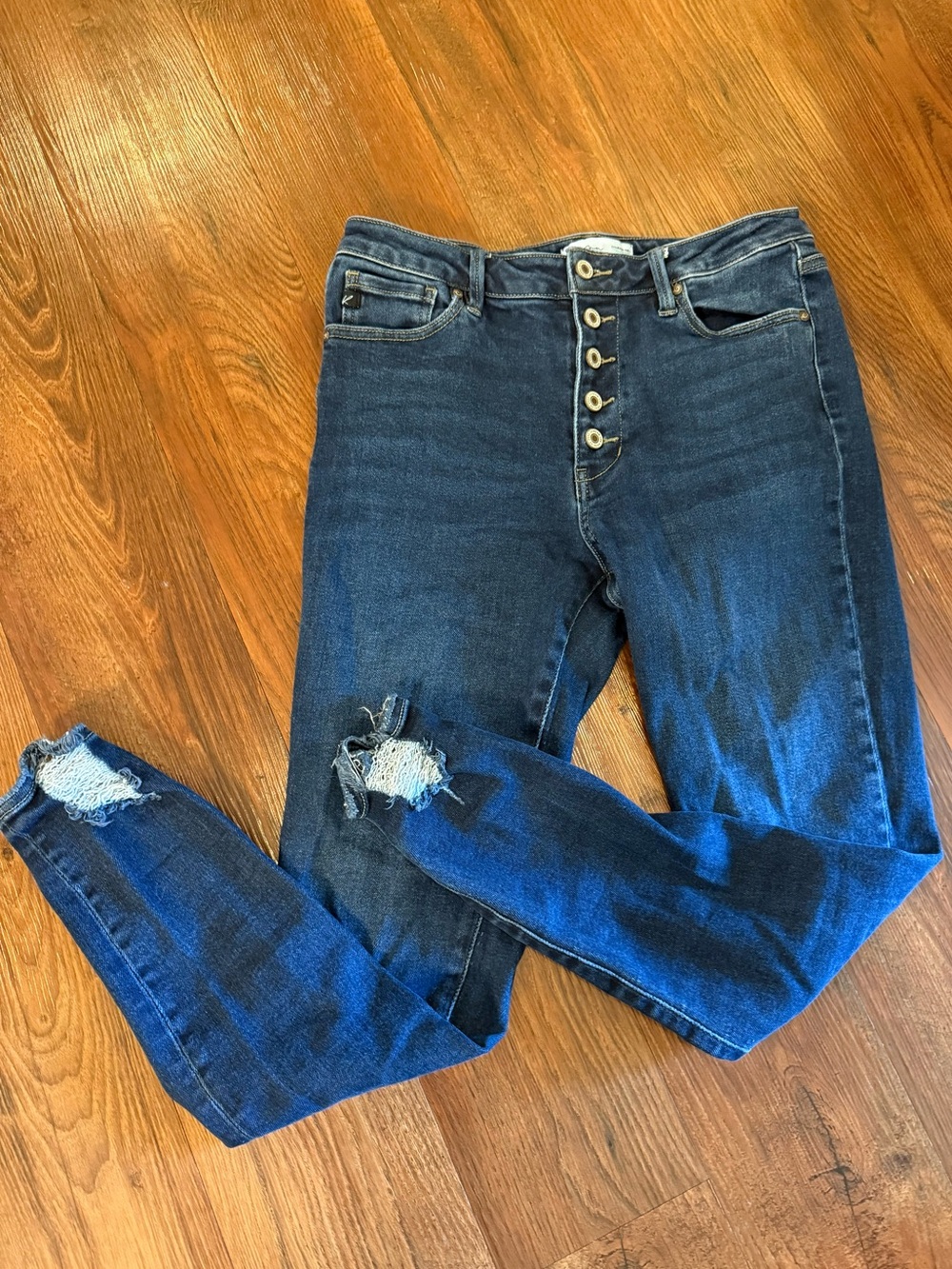 Kancan Button Fly High Rise Skinny Jeans - Size 30 Dark Wash Distressed Ankle